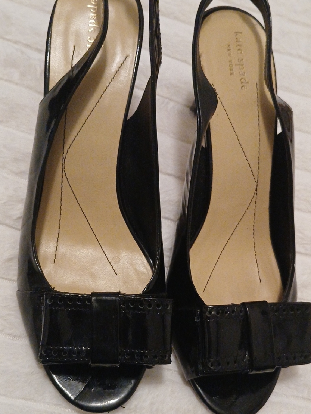 kate spade Black Patent Slingback Peep-Toe Heels with Bow Accent